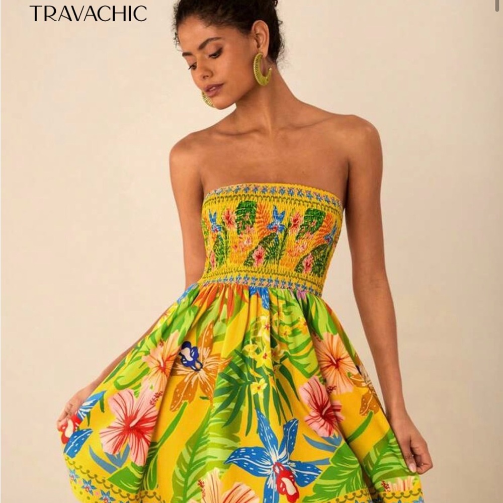 Travachic Yellow Tropical Smocked Strapless Dress